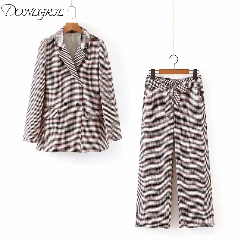 Женский клетчатый костюм из двух предметов двубортный пиджак с длинным рукавом и