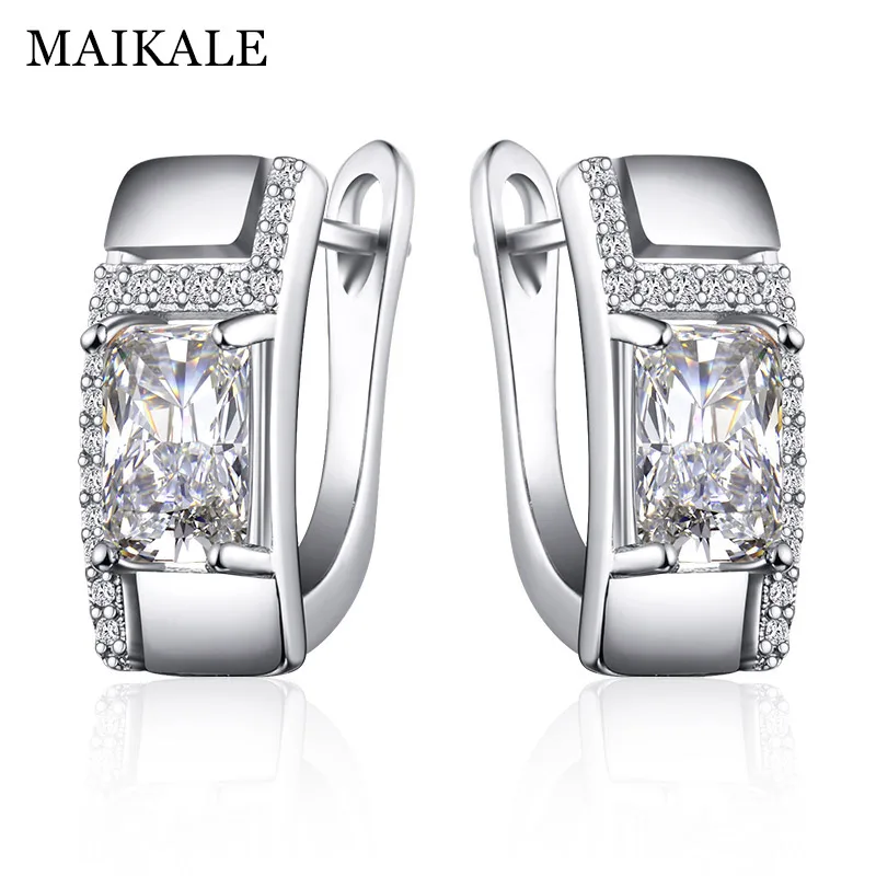 silver MAIKALE, классические серьги-гвоздики, золотой, серебряный цвет, белый AAA кубический цирконий, большие простые корейские серьги для женщин, подарки - Окраска металла: silver