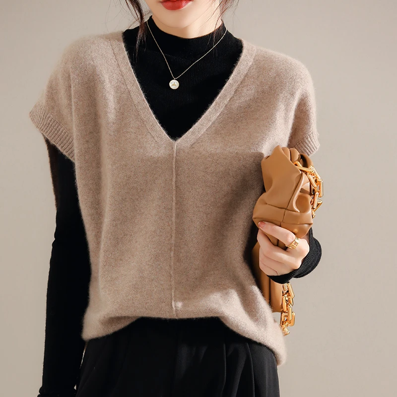 

TAILOR SHEEP 2021 Autumn Winter Women's Vest 100% Wool Knitted Jumper Loose Sweater Waistcoat V-Neck Pullover Sleeveless Tops