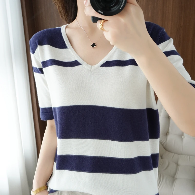 

Lafarvie Summer Cotton Women T Shirt V Neck Short Sleeve Tees Patchwork Casual Loose Knit Female Clothing 2021 High Quality XXL