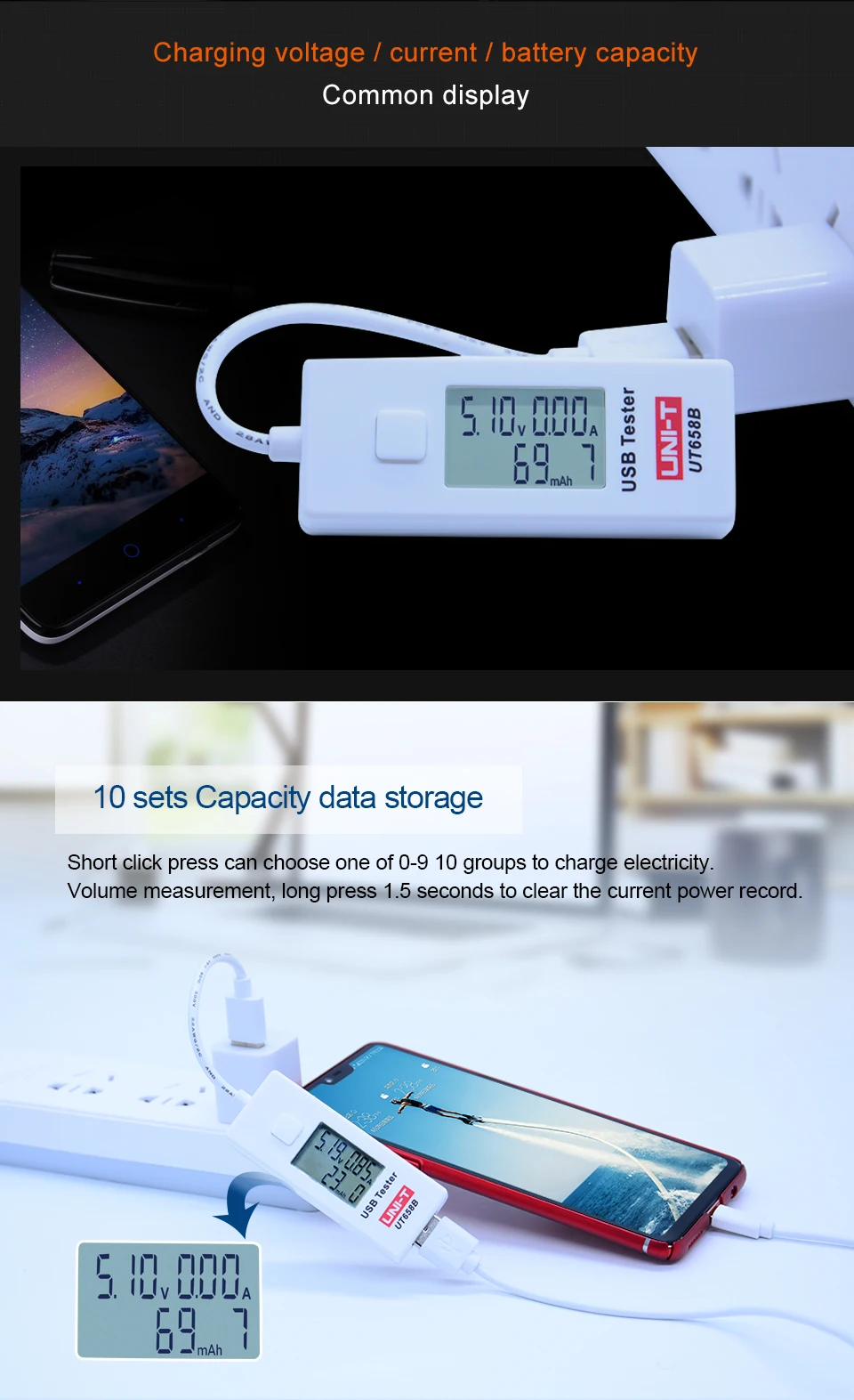 UNI-T UT658 UT658B USB Тестер Вольтметр Амперметр цифровой ЖК-монитор напряжения измеритель тока измеритель емкости 9 в 3 А с подсветкой
