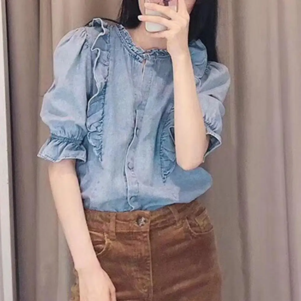 Осенне зимняя женская джинсовая рубашка свободная повседневная однотонная