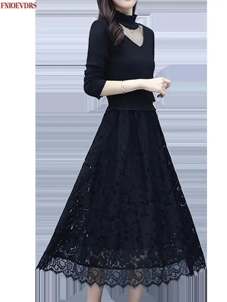 

Women Winter Spring Basic Wear Elegant Feminine Solid Collar Turtleneck Black Long Dress