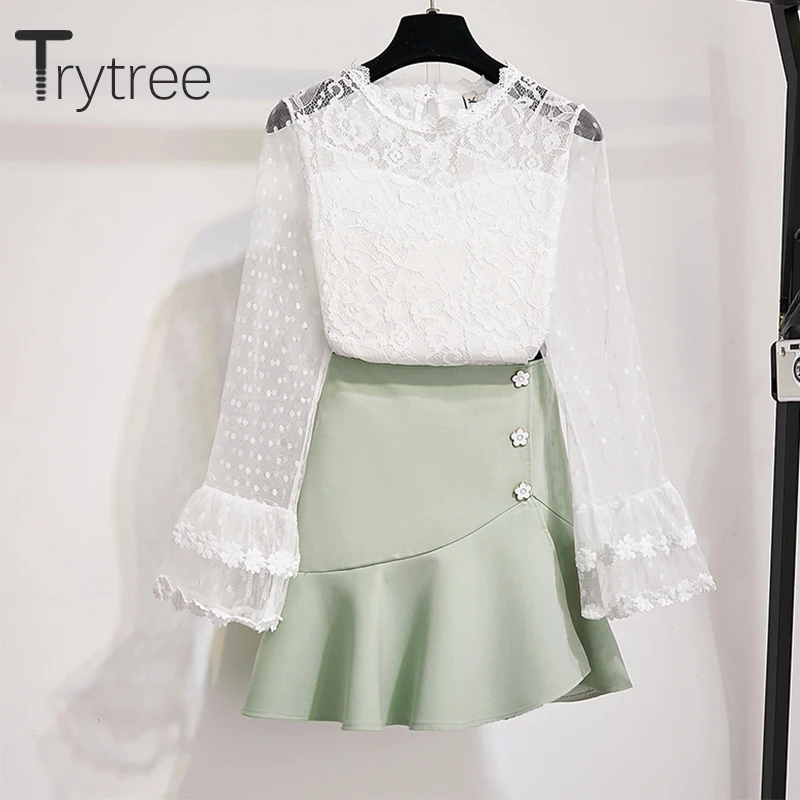 Осенний Женский комплект из двух предметов Trytree повседневный кружевной топ с