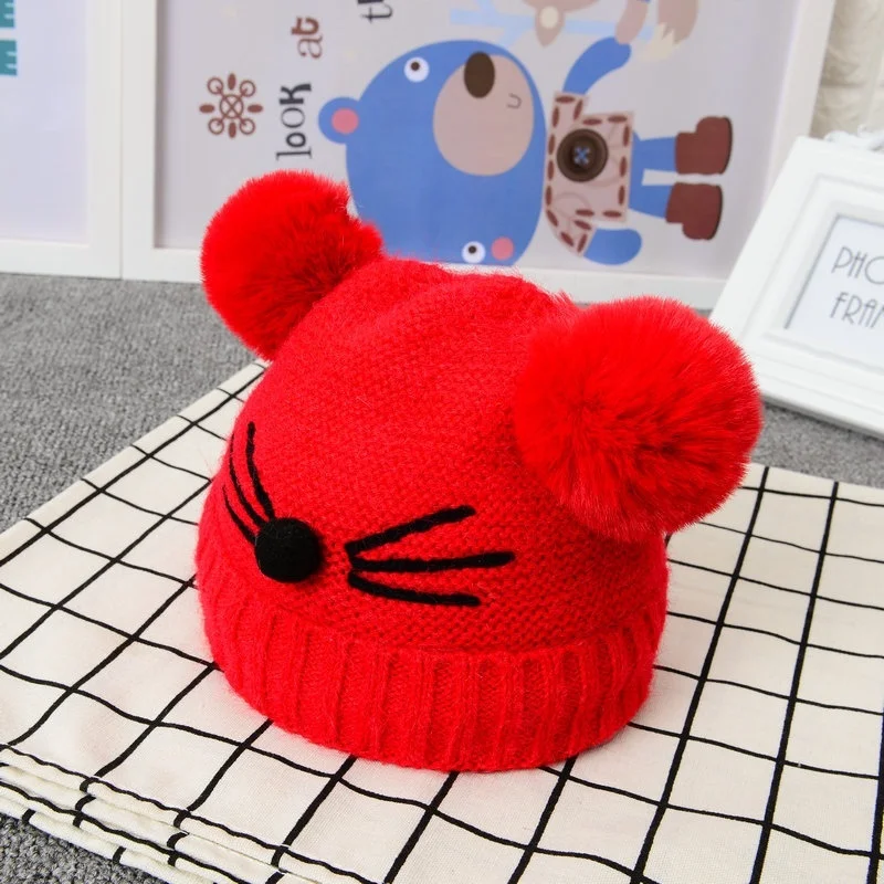 red hat Baby Beanies Double Ball Wool Cartoon Pompom Hat Children Winter Knitted Hats Cute Cap for Girls Boys Thick Kids Beanies - Цвет: red hat