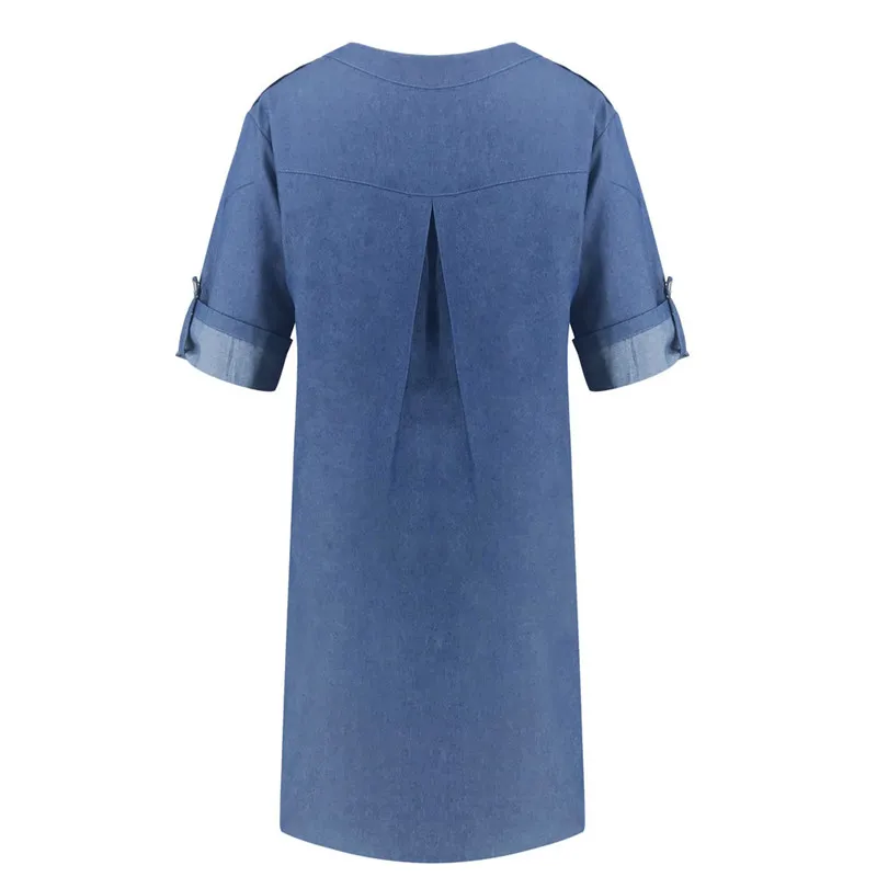 

Women Autumn Casual Loose Denim Dress Streetwear Patchwork Button Decor V Neck Three Quarter Sleeve Lady Slim Straight Dresses
