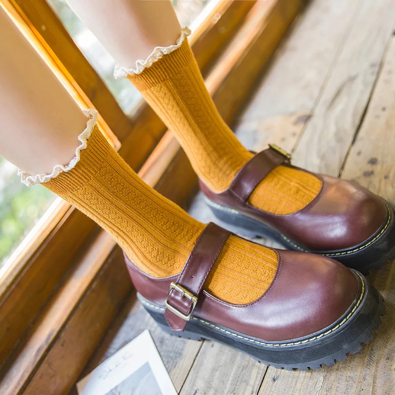 1 пара женские носки Осенние новые модные кружевные хлопковые однотонные милые