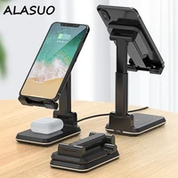 adjustable phone holder desk support wireless charger for iphone 11 airpods folding desktop tablet stand 2 in 1 charger 10w