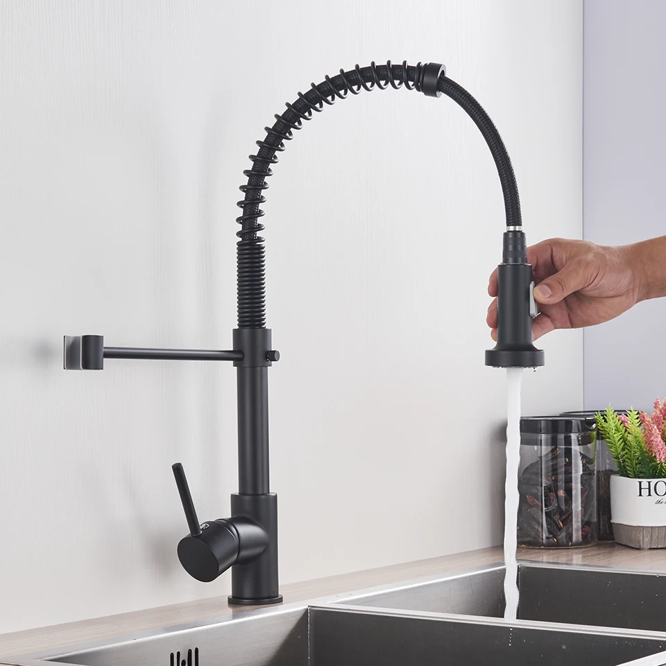 Матовый черный кухонный кран смеситель с креплением на раковину поворот 360