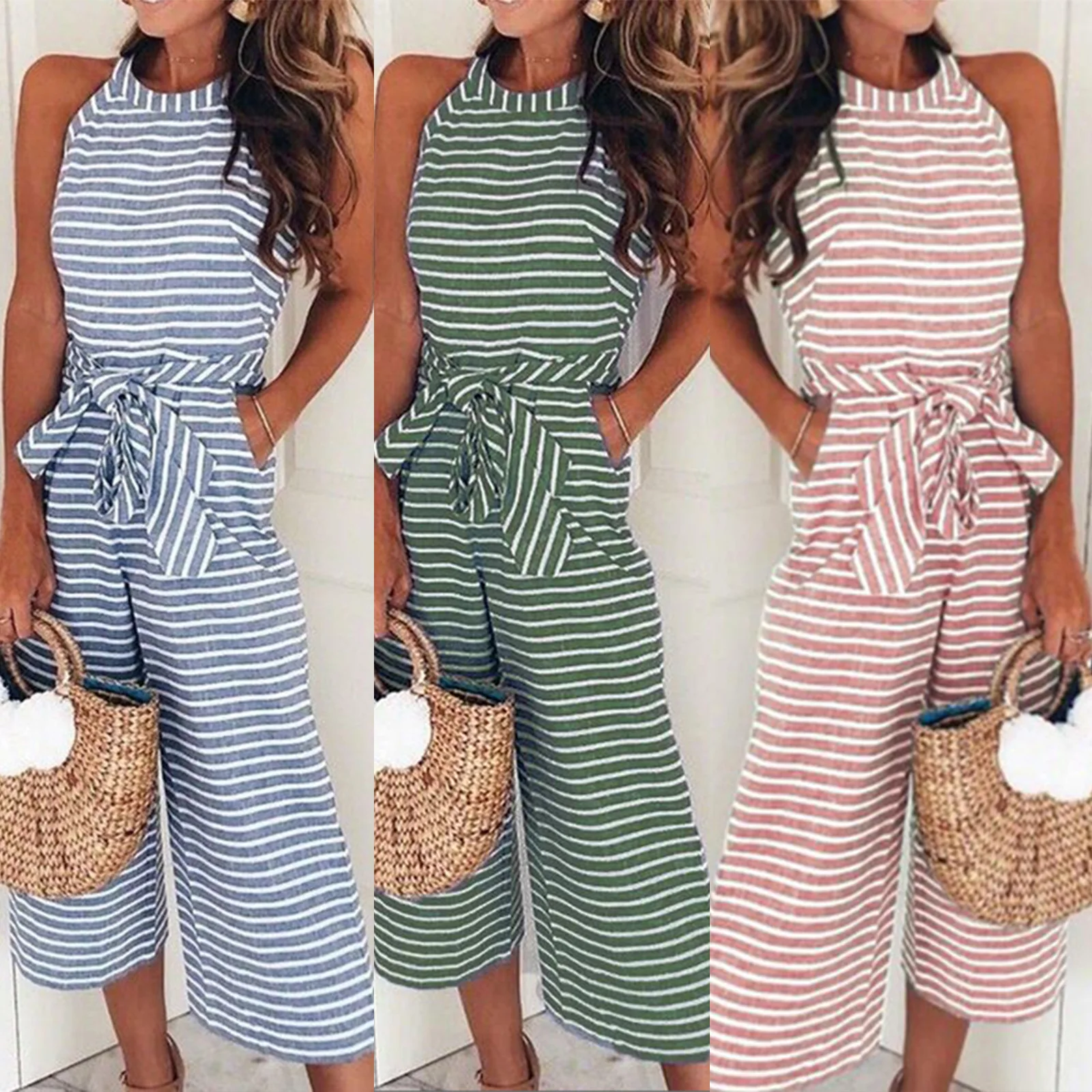 

Женский элегантный комбинезон без рукавов, повседневный комбинезон, комбинезон на бретелях-спагетти, полосатый комбинезон с поясом