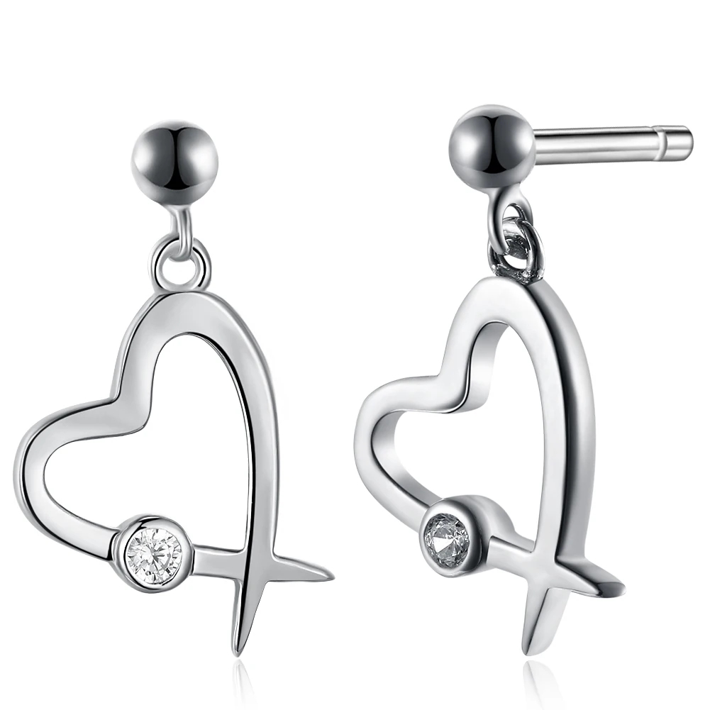 

SILVERHOO 925 Sterling Silver Hollow Out Heart Stud Earrings For Women 5A Clear Cubic Zirconia Earring Birthday Fine Jewelry