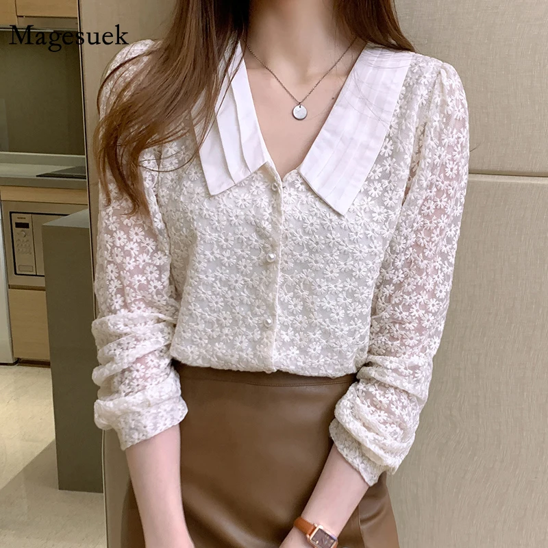

Spring Chic Hollow Crochet Embroidery Floral Blouse 2021 New Lace Long Sleeve Women Tops Doll Collar Lapel Splicing Shirt 13981