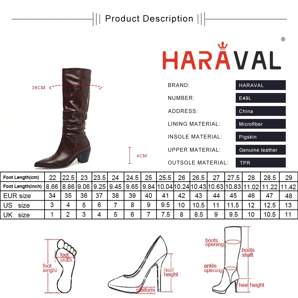 

HARAVAL women mid-calf chelsea boots black brown slip-on pointed toe mid heel leather boots solid elegant women shoes E49L