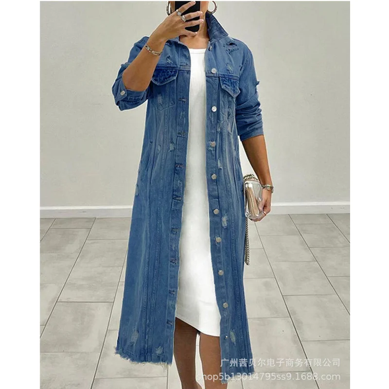 

Женский осенне-зимний джинсовый Тренч Mandylandy, рваные джинсовые длинные куртки на пуговицах, верхняя одежда