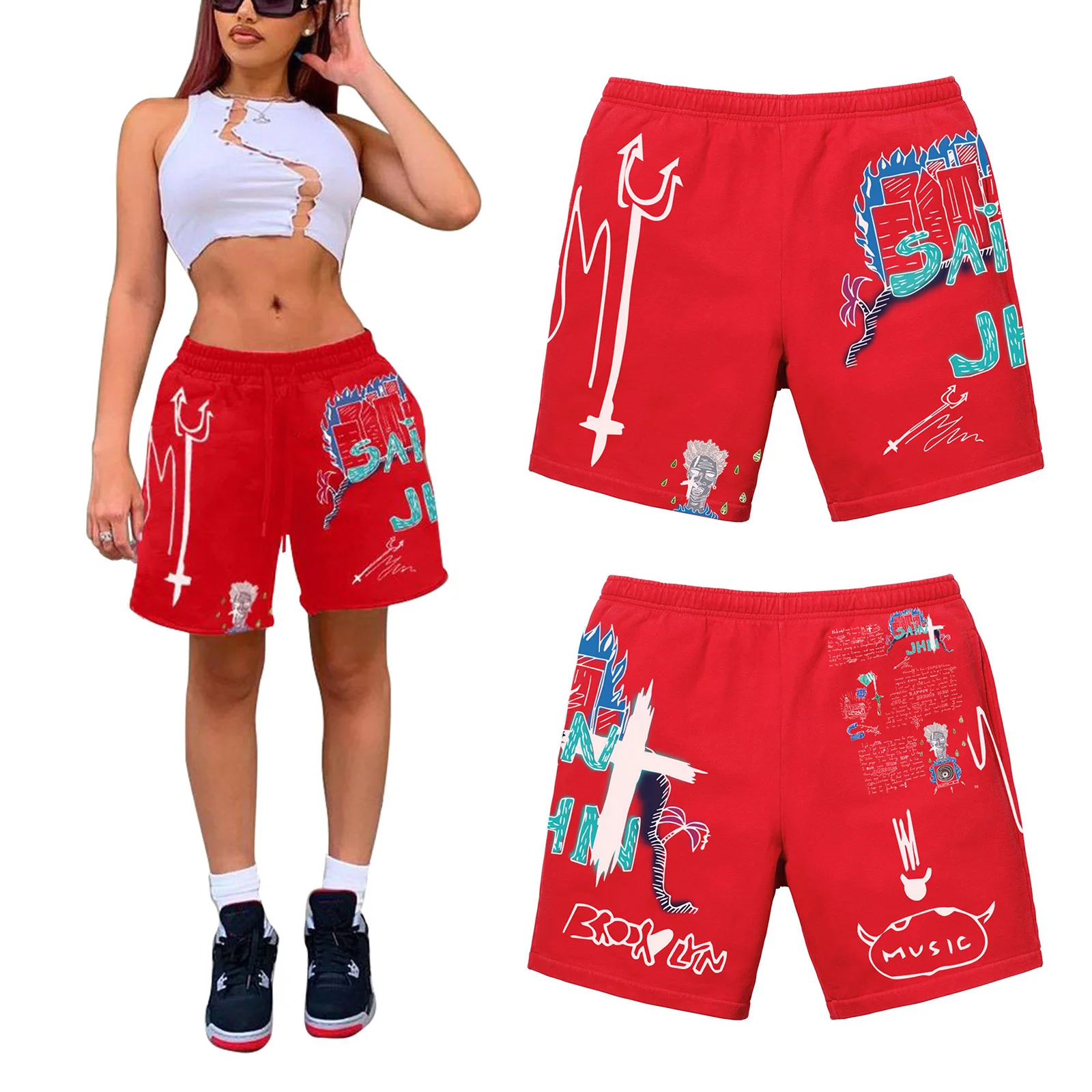 

Summer Women Casual Shorts Printed Cool Street Short Pants Elastic Middle-Waist Loose Short Trouser for Girls Streetwear
