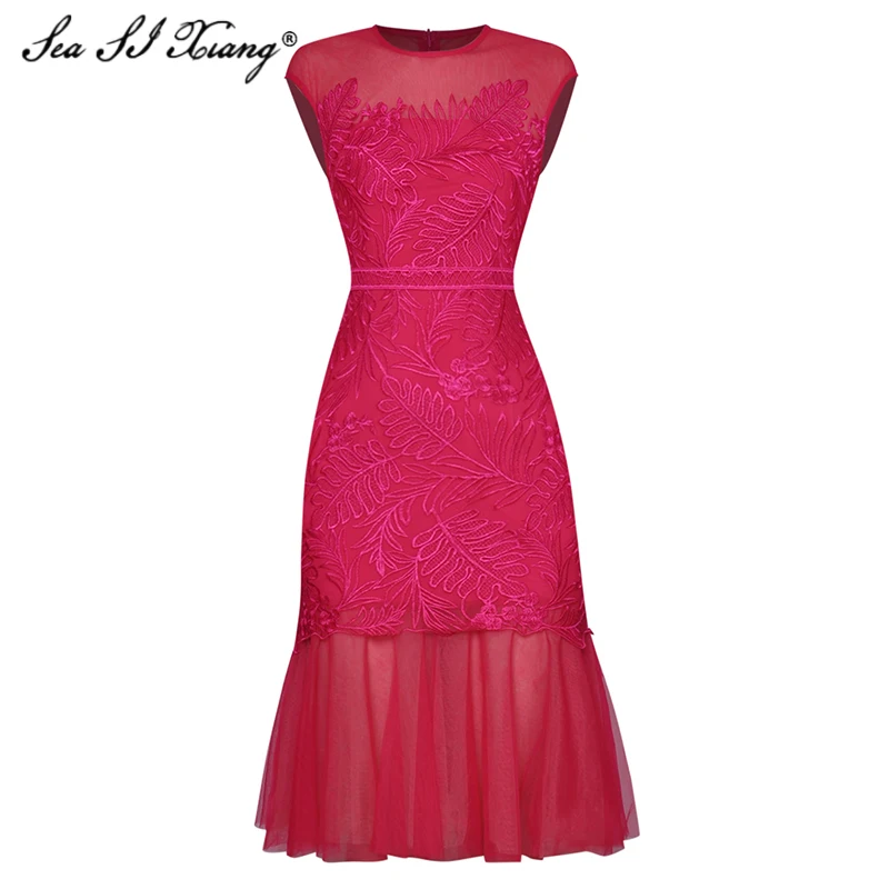 

Женское Сетчатое платье Seasixiang, облегающее платье с круглым вырезом и цветочной вышивкой, лето 2021