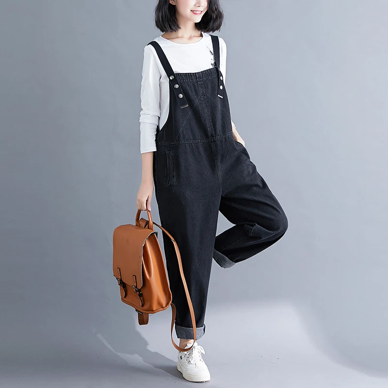 Women Loose Casual Jumpsuits Large Size Cotton Denim Overalls for Rompers Vintage Black Wide Leg | Женская одежда