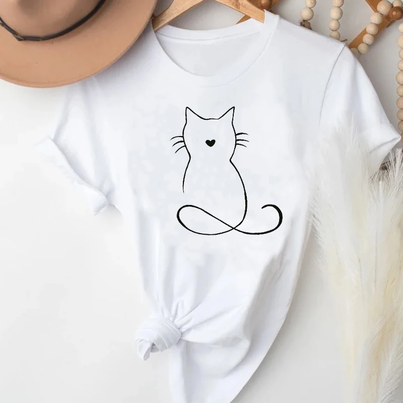 

T-shirts Women Cartoon Love Pet Cat Printing Spring Summer Fashion Clothes Graphic T Tshirt Top Lady Print Female Tee T-Shirt