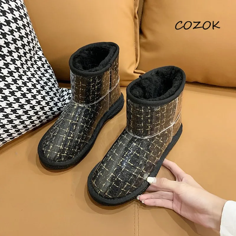 

Новые зимние женские сапоги с принтом, модные меховые повседневные ботильоны для женщин, кожаные сапоги для женщин