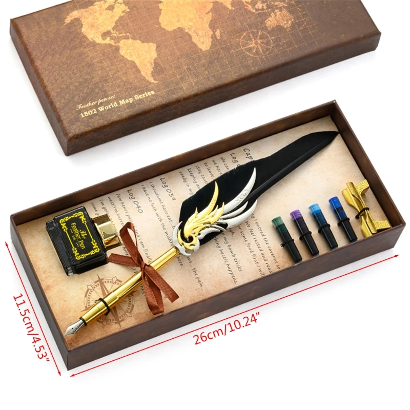 

MXLC Quill Pen and Ink Set Feather Pen w/ 4 Ink Sacs Pen Base Holder Vintage Gift Box Calligraphy Writing Pen