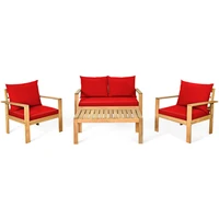 4pcs patio furniture set acacia wood thick cushion loveseat sofa red hw64146re