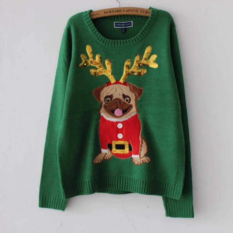 Green sweater Уродливый свитер, Рождественский свитер для женщин, зеленый мопс, вышивка пайетками, пуловер с длинным рукавом, вязаный джемпер, топы M99591 - Цвет: Green sweater