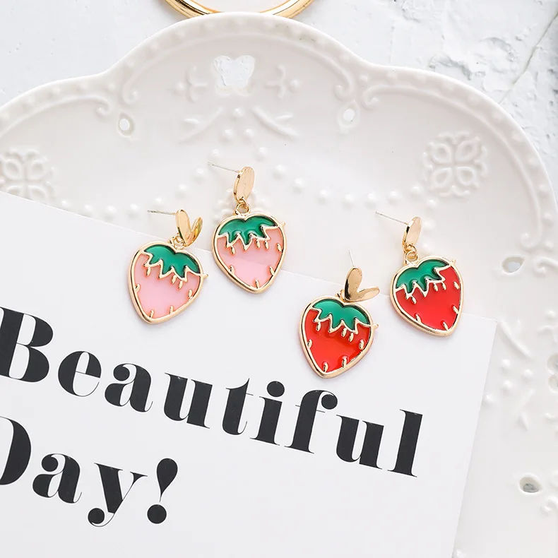 Kawaii Red Pink Strawberry Fruits Earrings Female Cute Korean Fashion Jewelry for Women Accessories Brincos Oorbellen | Украшения и