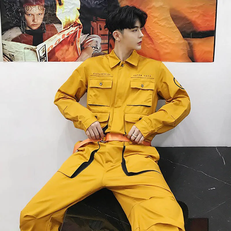 

Autumn Hip Hop Mens Jumpsuits Long Sleeve One Piece Vintage Joggers Overalls Korean Casual Loose Rompers Full Length Pants