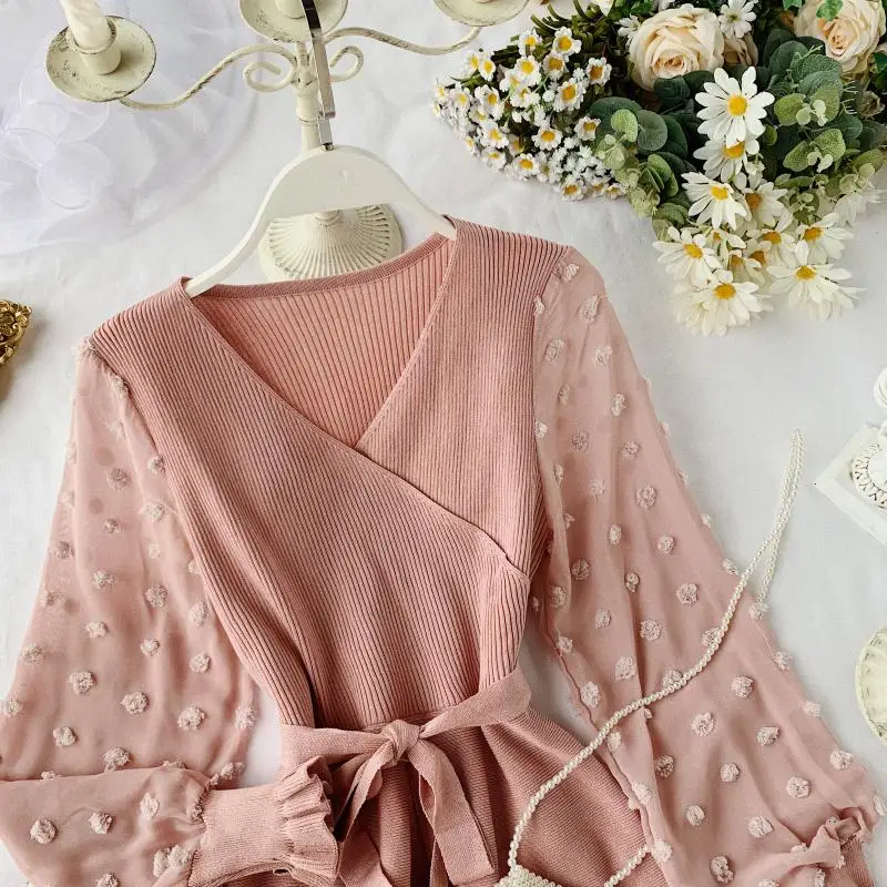 

New Autumn Women Knitted Slim Brief A-line Dress Female Long Chiffon Sleeve Stitching Trim Knee-length Skinny Middle Dress