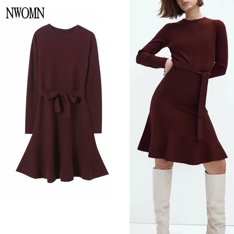 

Женское трикотажное мини-платье NWOMN Za, модное элегантное платье с бантом на поясе и длинным рукавом, женские Короткие повседневные платья с ...