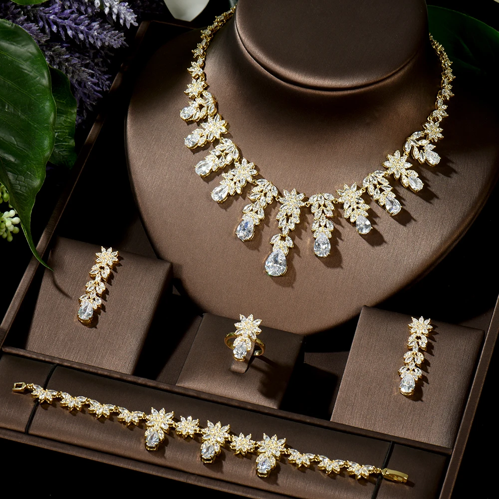 HIBRIDE модные золотые цвета CZ камни серьги ожерелье набор блестящие длинные капли свадебное платье