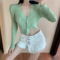 sexy v neck solid cropped cardigan women korean spring long sleeve thin knitted sweaters vetement femme sueters de mujer