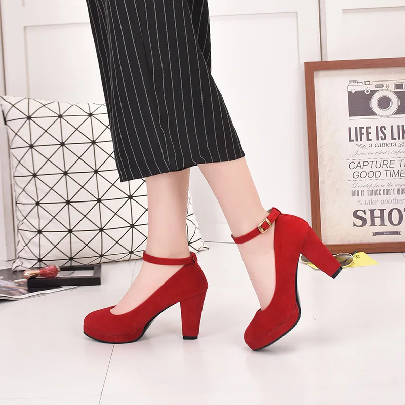 

Spring Women Pumps Flock Sweet Thick High Heels Ankle Strap Female Platform Classic Round Toe Dress Cute Shoes Ladies Footwear