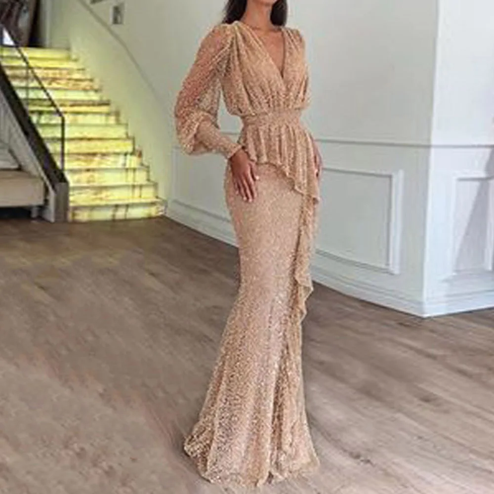 Абрикосовое длинное платье с оборками и блестками женские длинные рукава v