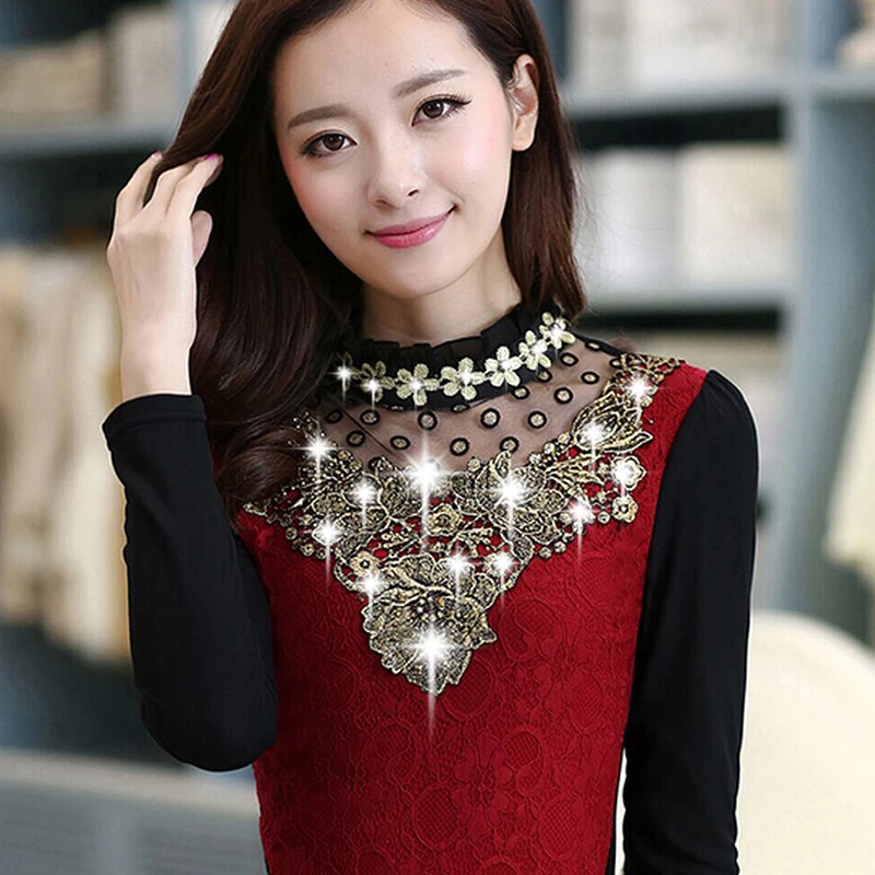 2020 Women Office Lace Embroidery Shirt & Blouses Feminine Long Sleeve Tops Autumn Winter Plus Size 5XL