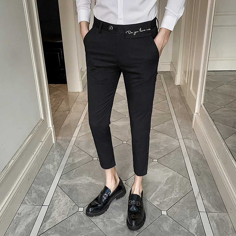 Модный костюм брюки мужские повседневные тонкие с вышивкой Бизнес платье 2020