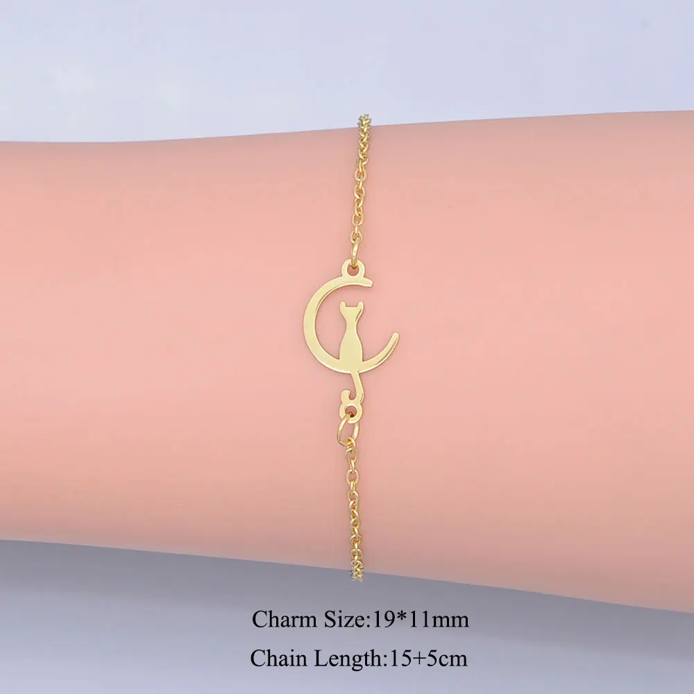 

100% Stainless Steel Dainty Cat On Moon Charm Bracelet For Women Wholesale Super Quality Dropshipping OEM Jewelry Order Accepted