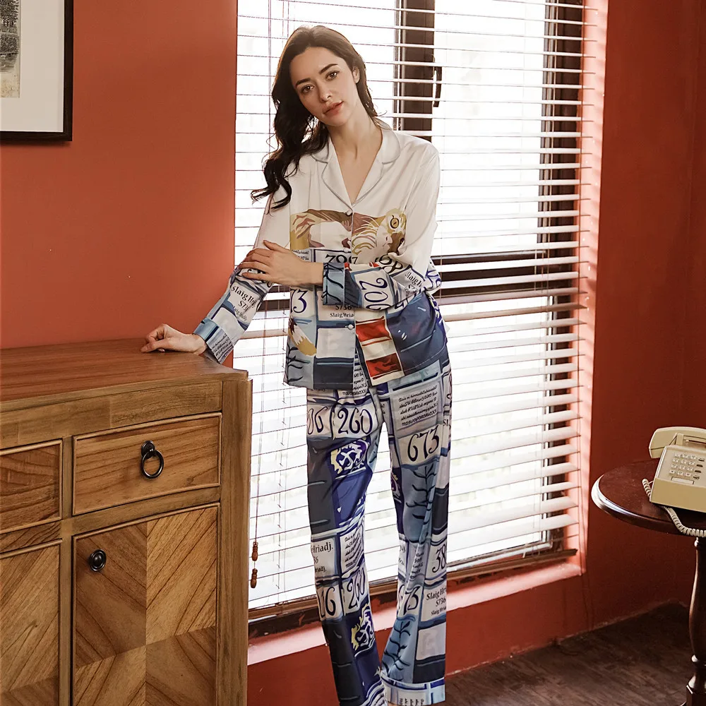 Spring and autumn new pajamas set female printing simulation silk pyjamas fashion trend ice home service 2 pieces sleepwear | Женская