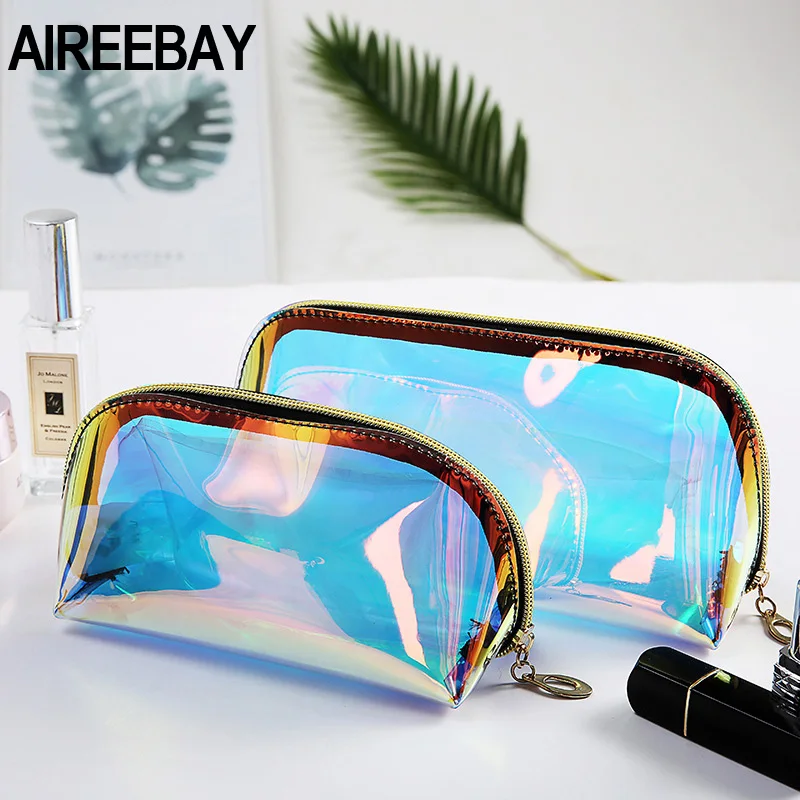 AIREEBAY Лазерная косметичка модный фирменный дизайн голографический прозрачный чехол для макияжа прозрачный, с застежкой на молнии кошелек сумка для туалетных принадлежностей