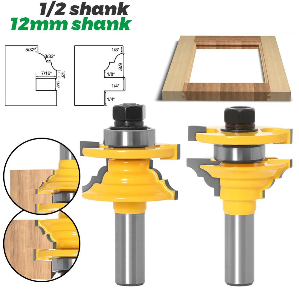 

2PC/Set 1/2" 12.7MM 12MM Shank Milling Cutter Wood Carving Woodwork Door Round Corner Rail Stile Router Bit Tenon Milling Cutter