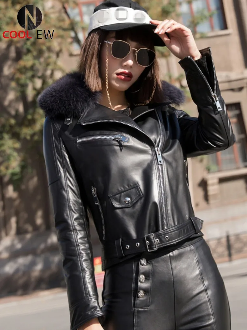 

Winter Genuine Leather Short Motorcycle Coat Women Fashion Slim Black Sheepskin Jacket Woman Streetwear Fox Fur Collar Outerwear