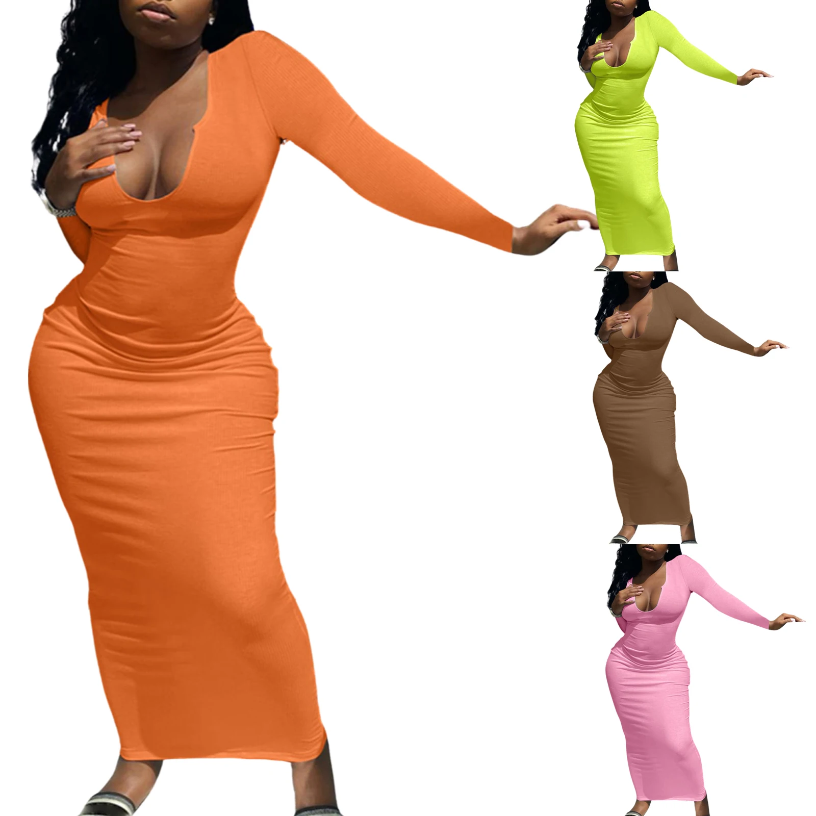 

Women Close-fitting Dress, Solid Color U-shaped Color Long Sleeve Dress, S/ M/ L/ XL