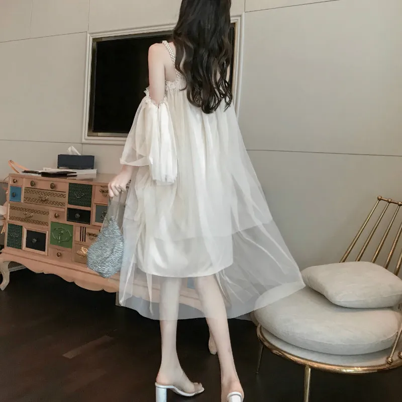 

New Summer Women Sexy Off Shoulder Slash Neck Beaded Spaghetti Strap Loose Mesh Fairy Dress Female Casual Boho Ruffles Dresses