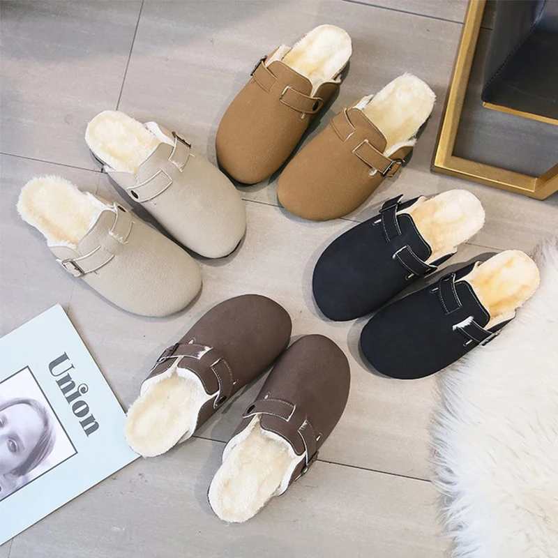 

Fashion Solid Color Flat Slippers Buckle Warm Women Outerdoor Cotton Shoes Furry Plush Footwear Round Head Shoes for Woman 2021