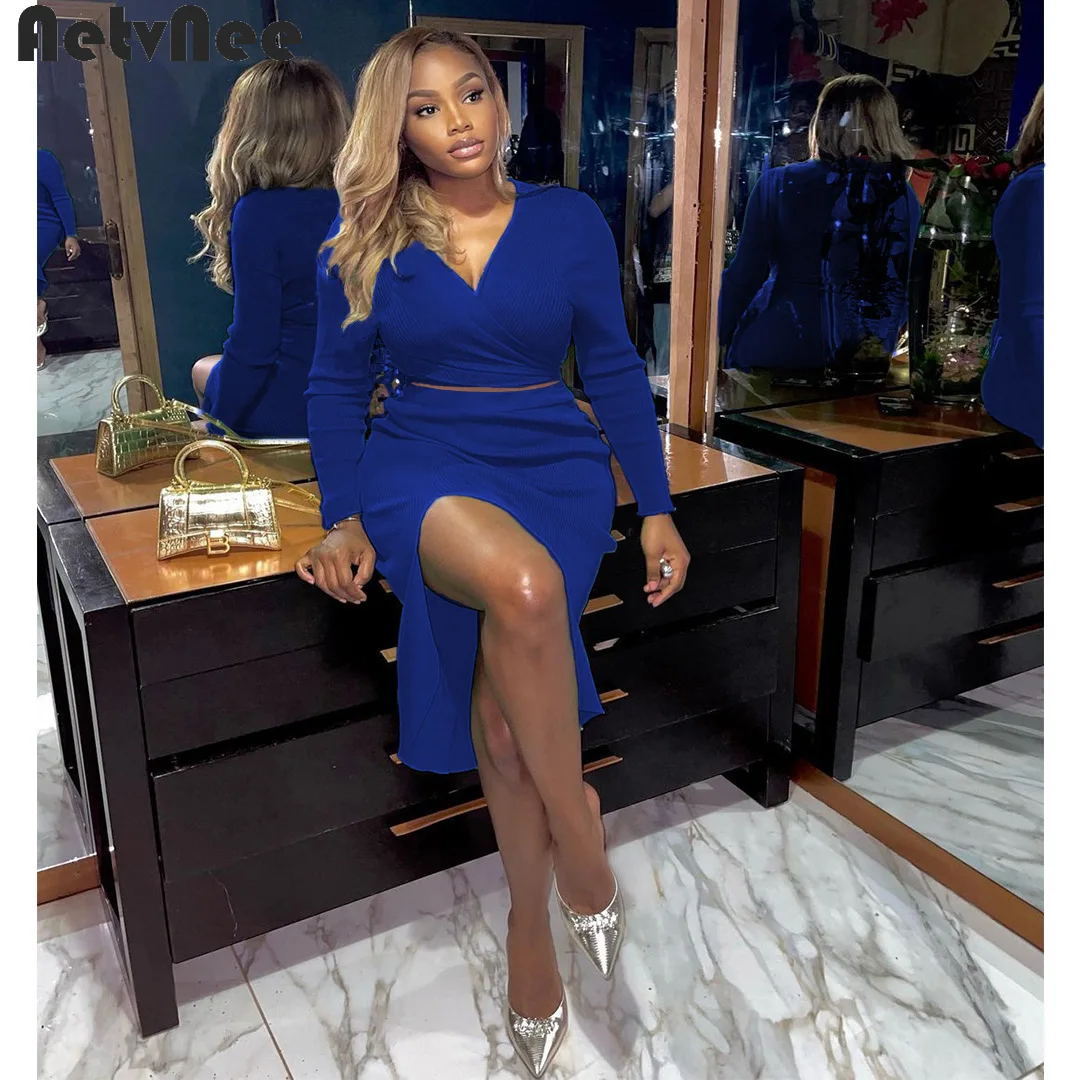 

Женский комплект с юбкой миди AetvNee, однотонный комплект с укороченным топом с V-образным вырезом и длинным рукавом, облегающее платье с разре...