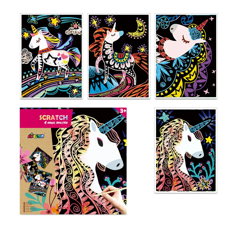 

Набор скретч-карт из картина с изображением единорога бумаги с трафарет для граффити цветами, для рисования, игрушка «сделай сам», 3 года + лу...
