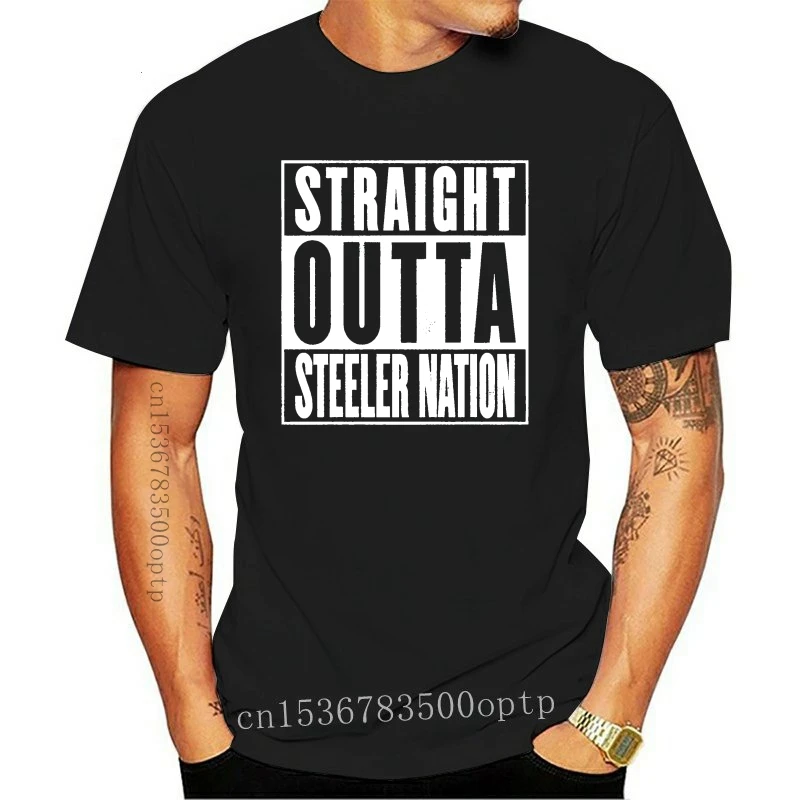 Men's Fashion Straight Outta Steeler Nation Silver Glitter Print T-shirt Black Color XS-Size