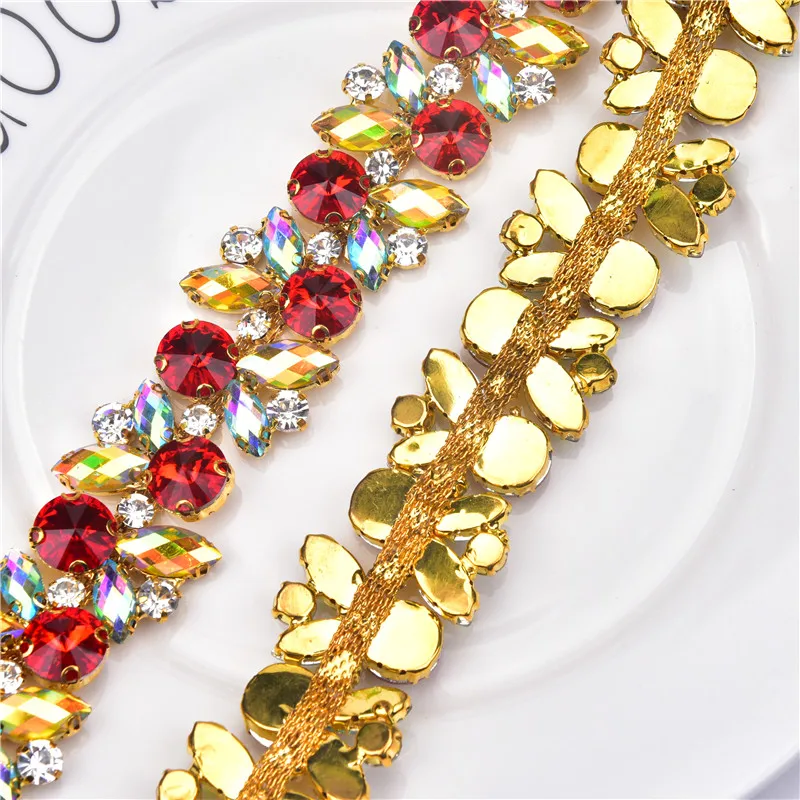 1 Yard Romantic Accessories Multicolor Glass Acrylic Rhinestone Chain Crystal Flower Trim Applique Sew Costume Shoes Diy Dresses | Дом и сад
