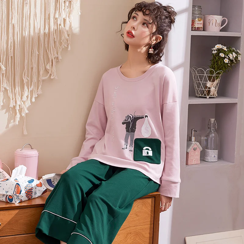 

Cotton Pajamas For Women Nightwear Suit Autumn Pijama Mujer Long Sleeve Thin Loose Plus Size M-4XL Female Sleepwear Homewear
