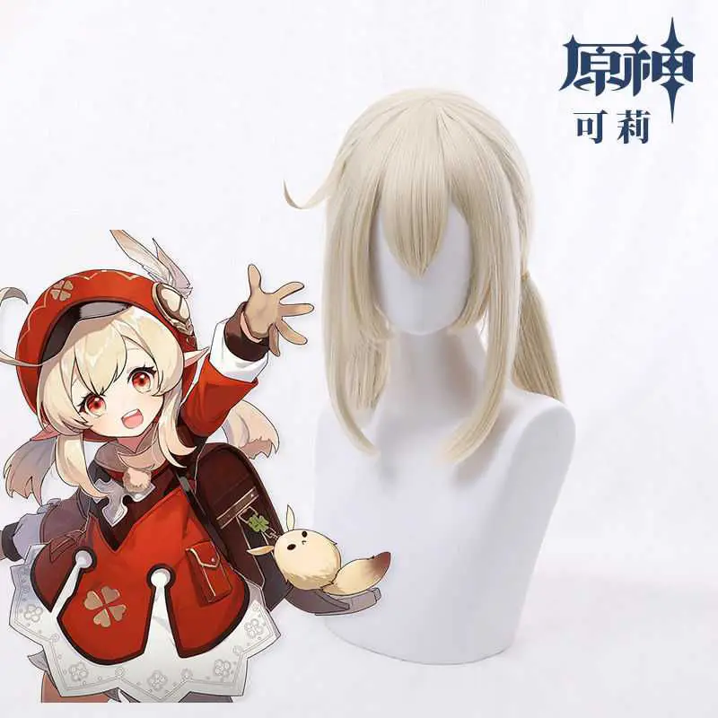 Парик для косплея Klee с двойным хвостом Game Genshin ударопрочный термостойкий парик из